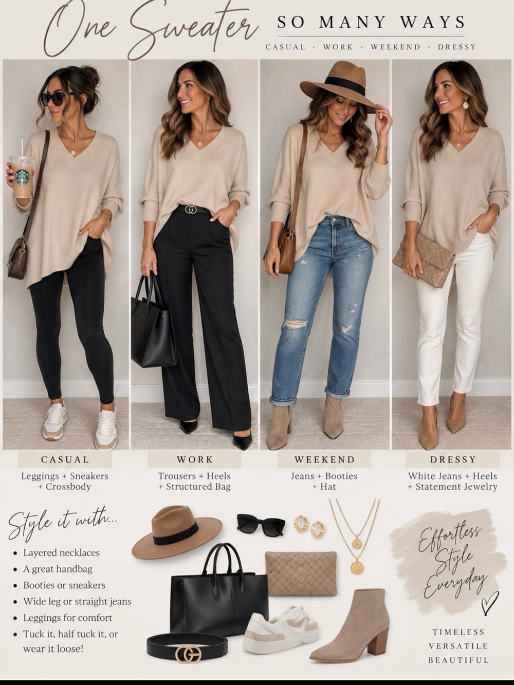 Joseph A Beige V‑Neck Tunic Sweater